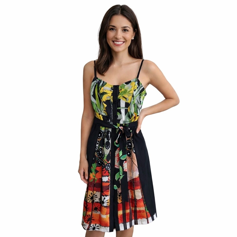Clover Canyon Floral Cami Dress Women Med Black Yellow Artistic Belted Midi New